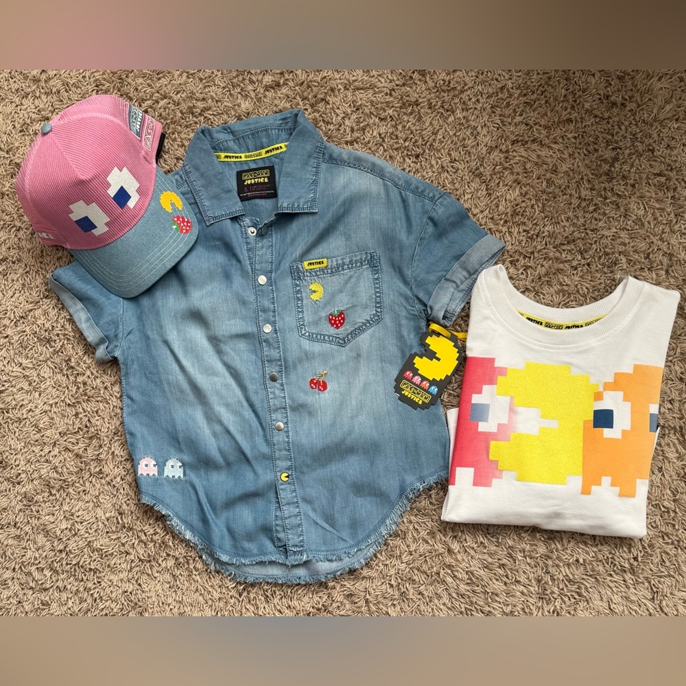 Justice PAC-MAN Distressed Shirt, T-Shirt And Corduroy Hat  Bundle Size: S (7/8)